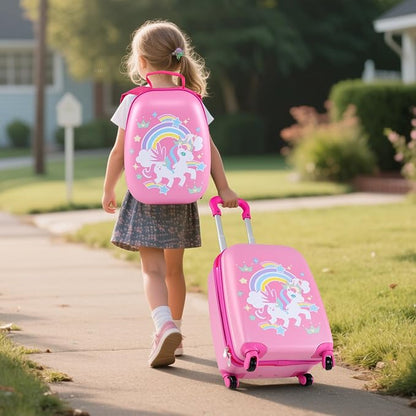 KOTEK Kids Carry On Luggage Set, 16" Hardside Rolling Suitcase with Spinner Wheels, Travel Rolling Luggage for Boys Girls (Rose Unicorn)
