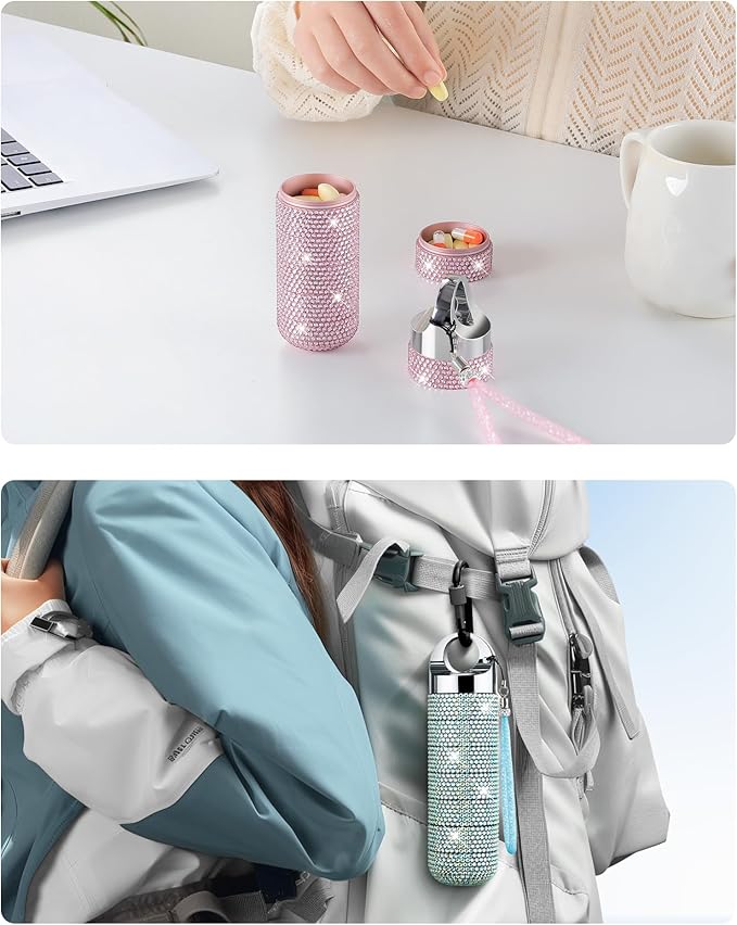 Zannaki Metal Bling Pill Organizer, Travel Waterproof Weekly Pill Box, Portable Large Aluminum Alloy Pill Case Container, BPA Free 7 Day Daily Medicine Organizer Holder for Vitamin,Fish Oil,Supplement