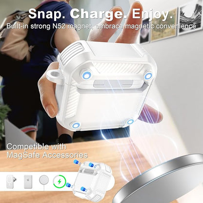 RFUNGUANGO Compatible AirPods 4th Generation Protective Case with Phone Holder and Compatible Back Magnetic Suction Function, Suitable for AirPods 4th Case-White + Blue