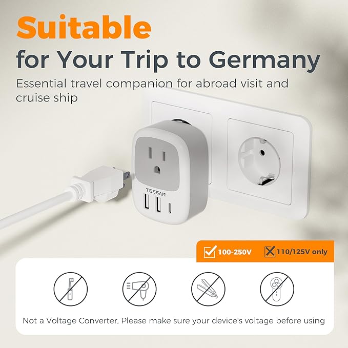 2 Pack Type E F Plug Adapter, TESSAN South Korea Outlet Adapter with 3 USB Ports (1 USB C), Schuko Travel Plug for US to Europe EU Spain Germany France Iceland Greece Russia Norway