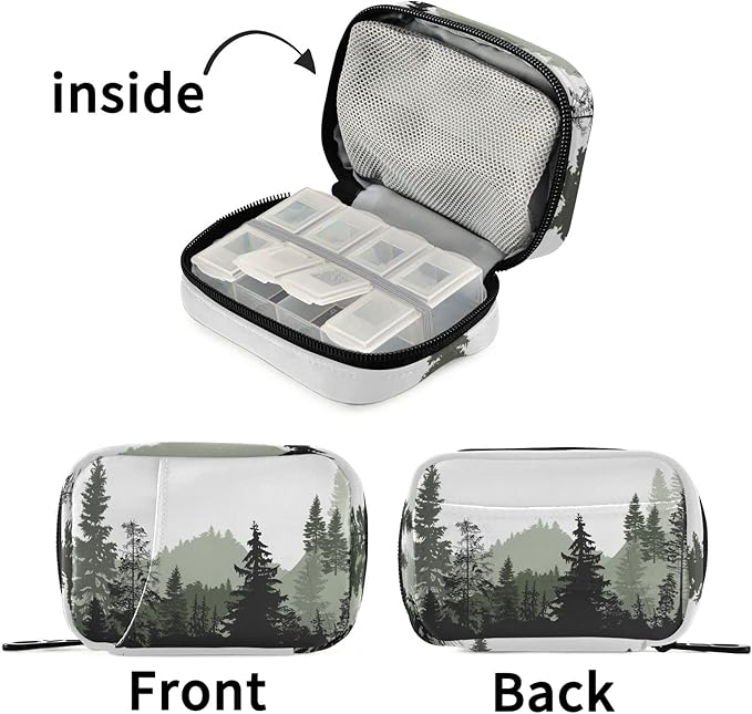 Grey and White Mountains and Trees Pill Organizer Box Case Container Holder 7 Days Weekly Travel Cute Vitamin Dispenser Sorter Planner Storage Small Compact Men Women