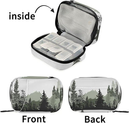 Grey and White Mountains and Trees Pill Organizer Box Case Container Holder 7 Days Weekly Travel Cute Vitamin Dispenser Sorter Planner Storage Small Compact Men Women