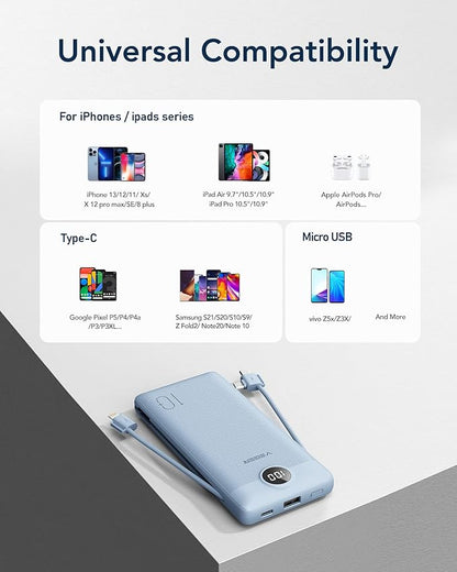 VEGER Portable Charger for iPhone Built in Cables and Wall Plug, 10000mah Slim Fast Charging USB C Power Bank, Travel Essential Battery Pack Compatible with iPhones, iPad, Samsung More Devices(Blue)