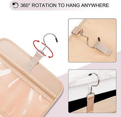Travel Hanging Toiletry Bag for Women, with Jewelry Organizer Compartment, Medium Waterproof Hanging Makeup Accessories, Cosmetic Essentials, Toiletries Dopp Kit Set with Trolley Belt, Baby Pink