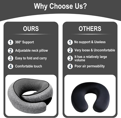 Travel Neck Pillow for Airplanes, 100% Memory Foam Neck Pillow for Sleeping, 360° Neck Support Pillow, Compact and Ergonomic Design for Travel, Car Rides, Airport (Dark Grey)