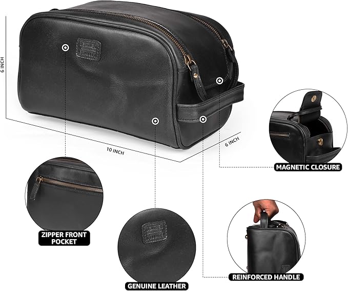LEATHER VILLAGE Premium Leather Toiletry Travel Pouch With Waterproof Lining - Black | King-Size Handcrafted Vintage Dopp Kit Bag, Shaving & Bathroom Organizer, Gift for Men & Women