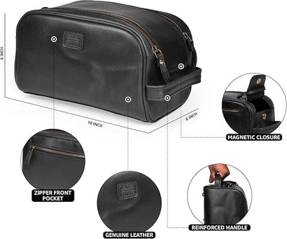 LEATHER VILLAGE Premium Leather Toiletry Travel Pouch With Waterproof Lining - Black | King-Size Handcrafted Vintage Dopp Kit Bag, Shaving & Bathroom Organizer, Gift for Men & Women
