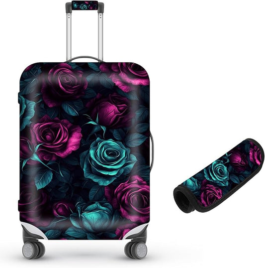 Suitcase Cover for Luggage 18-21 Inch, Washable Elastic Anti-Scratch Luggage Protector, Durable Zipper Baggage Cover with Handle Wrap, Travel Accessories for Suitcase, Purple-Green Rose