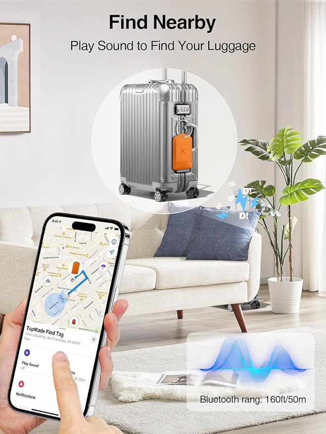 TopMade Smart Luggage Tag with Find My, Premium Leather Luggage Tags for Suitcase, Travel Bags, Backpacks, Anti-Lost Suitcase Tag Tracker for Travel with Privacy Name Card, Rechargeable