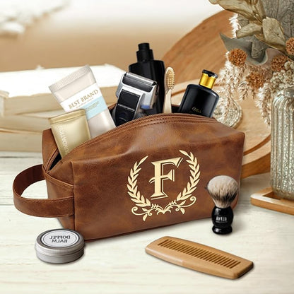 Engraved Letter Toiletry Bag Leather Waterproof Travel Kit, Personalized Gifts for Dad Husband Boyfriend (F)