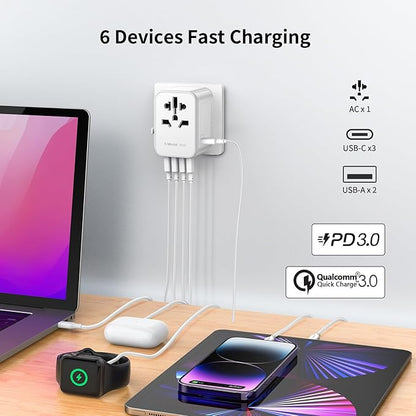 MOMAX European Travel Plug Adapter, 35W PD Fast Charging, Universal Travel Adapter with 3 USB-C and 2 USB-A Ports, International Power Adapter for Most Europe, USA, Japan, Australia (Type C/A/G/I)