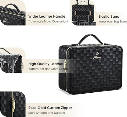 Leather Makeup Case with LED Lighted Mirror 11.4 Inch Travel Makeup Bag Adjustable Brightness in 3 Colors Cosmetic Organizer Artist Storage Bag with Dividers Brush Holder Bag Vanity Black Checkerboard
