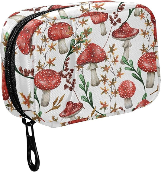 Fustylead Travel Pill Organizer Case Zipper for Purse with Removable Weekly Pill Box for Medicine, Vitamin, Supplement Medicine Organizer (Amanita Mushroom)