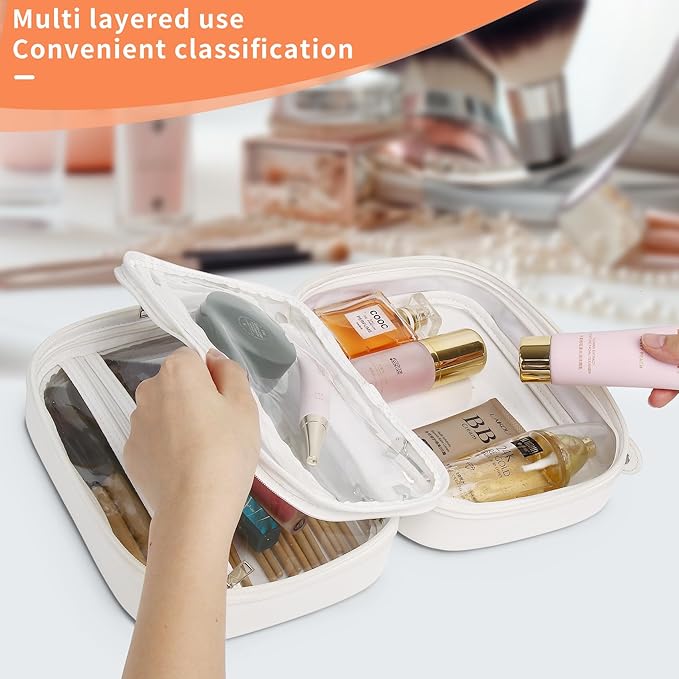 Pinkmik Travel Makeup Bag Set Portable Clear Cosmetic & Toiletry Case Women's Purse Organizer and Car Essentials with Zipper (White, M+SLIM-2)