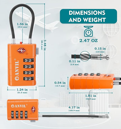 ANVIL TSA Approved Luggage Locks, 4 Digit Combination Travel Suitcase Locks with TSA008 Core and Open Alert Indicator, Zinc Alloy Body. (4, Orange)