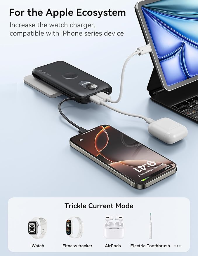 Portable Charger, 10000mAh 22.5W Fast Charging Power Bank with Built in Cable & Wall Plug, Travel Essential Battery Pack with LED Display, External Charger for iPhone, iWatch 11/10/9/8/Ultra/SE Black