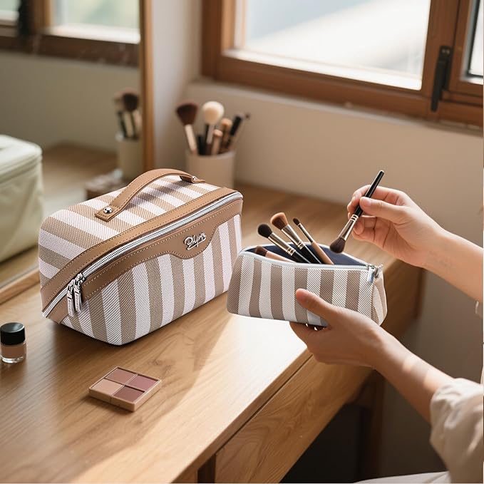 BOYATU Travel Makeup Bag for Women: Large Cosmetic Bag Set of 3 - PU Leather Make up Bag with Compartments - Compact Waterproof Toiletry Bag with Divider & Handle (B-6-Khaki)