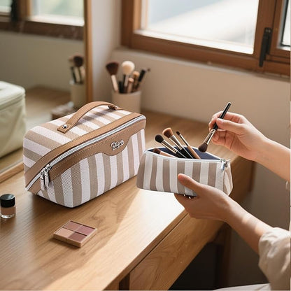 BOYATU Travel Makeup Bag for Women: Large Cosmetic Bag Set of 3 - PU Leather Make up Bag with Compartments - Compact Waterproof Toiletry Bag with Divider & Handle (B-6-Khaki)