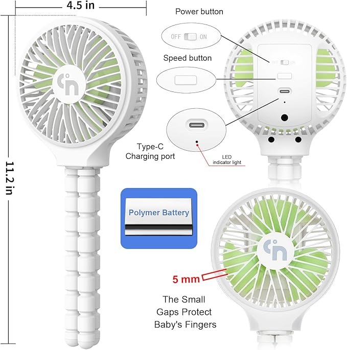 WiHoo Portable Stroller Fan, 11H Ultra-long Battery Life 3 Speed 360°Rotate, USB Rechargeable or Battery Operated Cooling Clip On Personal Fan for Baby Crib Travel Car Seat White