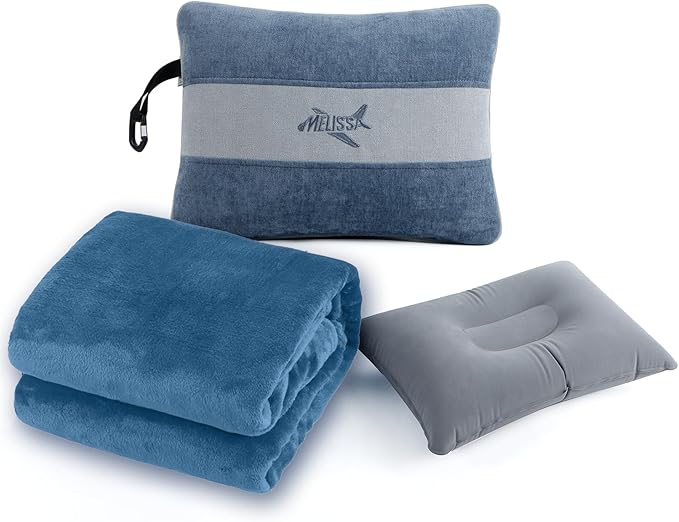 Melissa Large Travel Blanket and Inflatable Pillow Set - 69“ x 43.3” – Soft Blanket with Carry Bag – Lightweight, Compact & Washable for Backpacking, Hiking, Airplane, Car, Office, Camping (Blue)