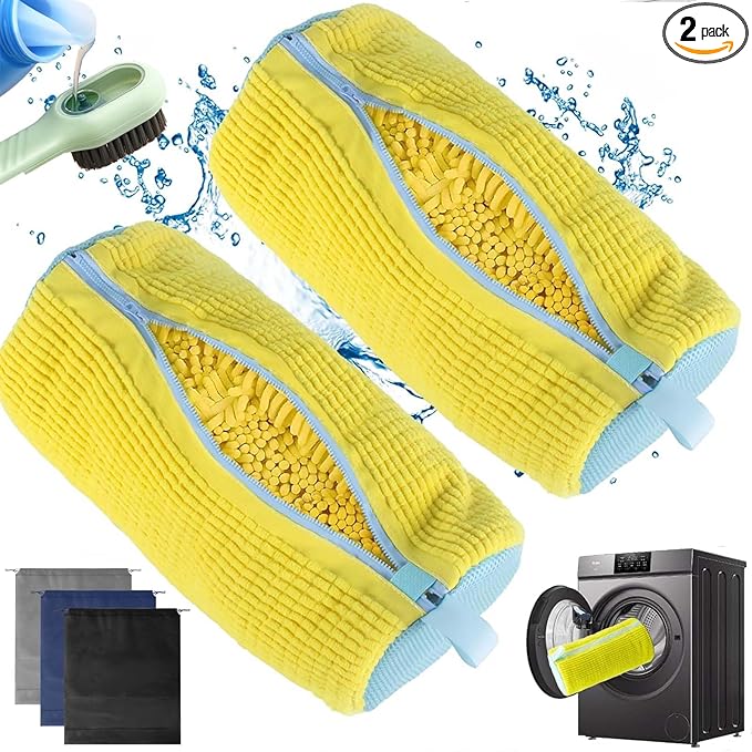 2Pcs Shoe Washing Machine Bag, Durable Laundry Shoe Bag for Washing Machine, Fluffy Fibers 360° Cleaning, Includes Liquid Shoe Brush & Travel Dust Bag, Ideal for Sneakers & Gym Shoes (yellow)