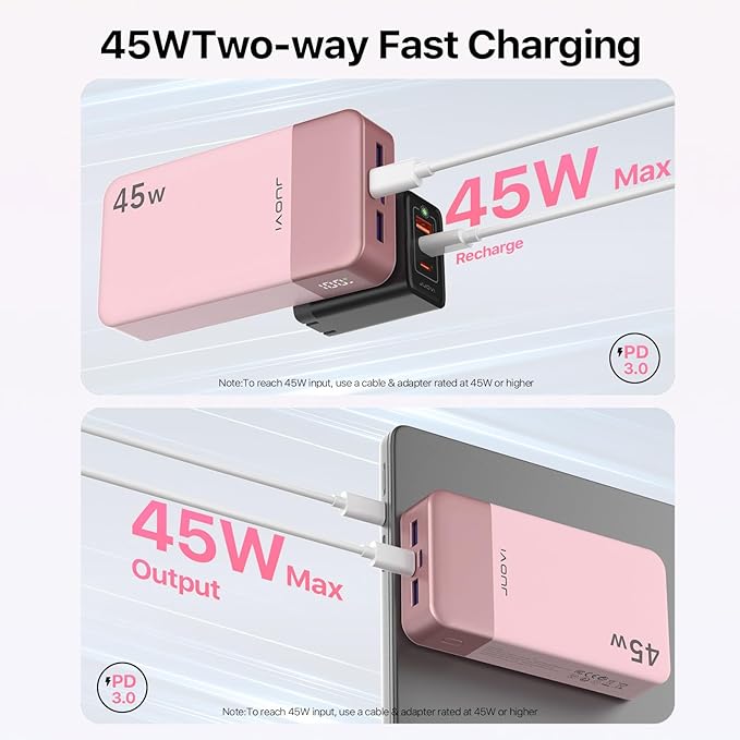 J2621 Power Bank Portable Charger,20000mAh 45W PD3.0 QC 4.0 Fast Charging Battery Pack with LED Display,2 USB-C,2 USB-A for iPhone 15 16, MacBook (Pink)