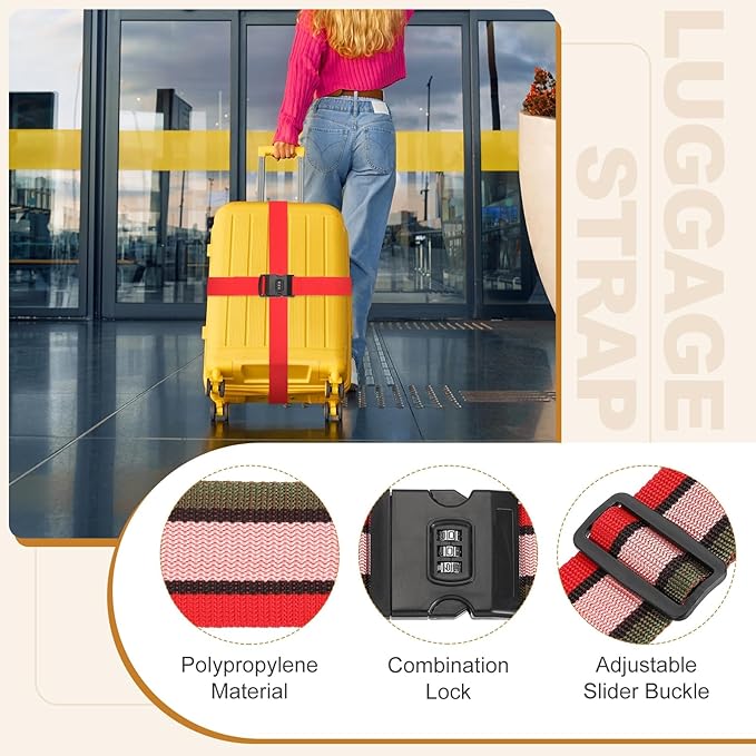 MECCANIXITY Luggage Straps with Combination Lock Adjustable Suitcase Belt Strap for Suitcase Briefcase Backpack Travel, Red-White-Blue, Pack of 4