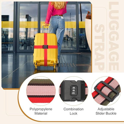 MECCANIXITY Luggage Straps with Combination Lock Adjustable Suitcase Belt Strap for Suitcase Briefcase Backpack Travel, Red-White-Blue, Pack of 4