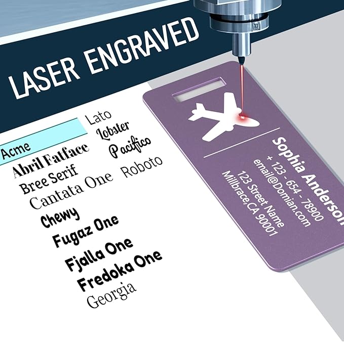 4 Personalized Metal Luggage Tags, Laser Engrave Name and Logo, Custom Aluminum Suitcase Tags with Steel Ring, for Travel, Backpack, Baggage (Purple)