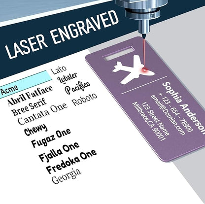 4 Personalized Metal Luggage Tags, Laser Engrave Name and Logo, Custom Aluminum Suitcase Tags with Steel Ring, for Travel, Backpack, Baggage (Purple)