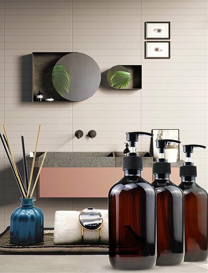 Empty Plastic Bottles with Pump Dispenser and Labels Included, Refillable Travel Containers for Hand sanitizer Shampoo Lotion, etc - No BPA/Parabenf, 500ml/16.9oz (Amber, 4 Pack)