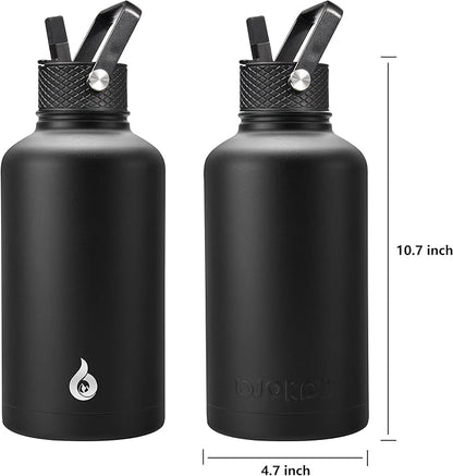 BJPKPK Half Gallon Insulated Water Bottles with Straw Lid, 64oz Large Water Jug, Stainless Steel Bottles with 3 Lids and Paracord Handle, Thermo for Hot & Cold Liquid, Black