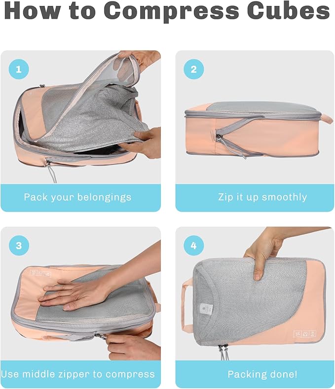 Hynes Eagle 6 Set/ 4 Set/ 2 Set Compression Packing Cubes Travel Essentials Lightweight Nylon Luggage Suitcase Organizer Bag Light Pink 4PCS