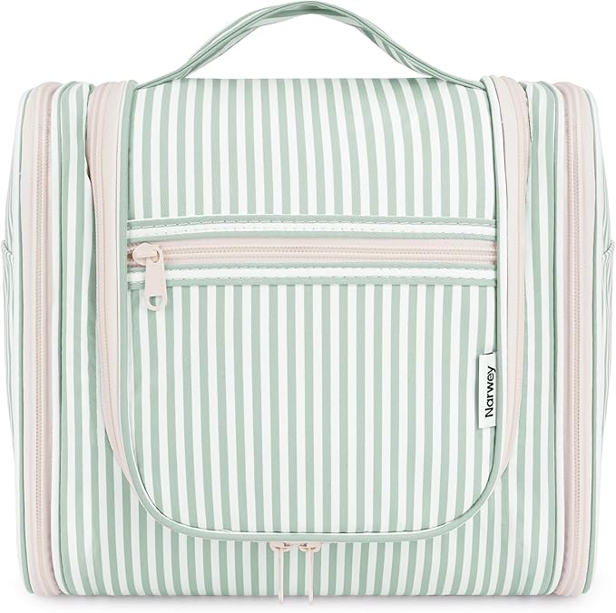 Narwey Striped Hanging Travel Toiletry Bag for Women, Travel Bag for Toiletries, Makeup Bag Organizer Cosmetic Bags Make Up Bags for Women (Mint Green Stripe)