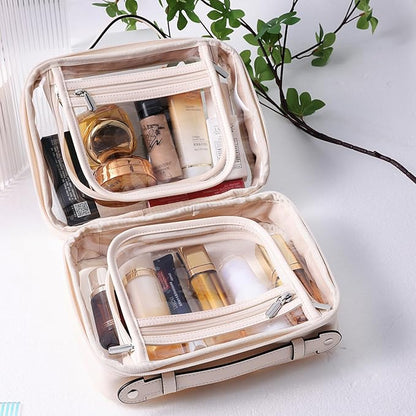 SANHECUN traveling toiletry Case large clear cosmetics case makeup bag (Beige, Small)