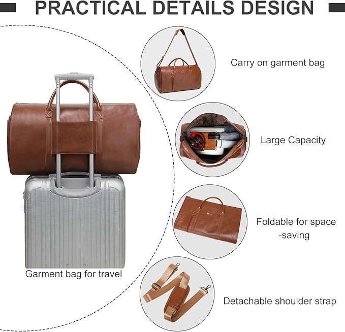 Leather Garment Bag for Travel, Modoker Carry On Travel Bag with Shoulder Strap - Ideal for Business Trips and Weekend Getaways - The Garment Duffel Bag for Traveling Men Women, Light Brown