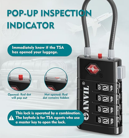 ANVIL 4 Digit Luggage Locks, TSA Locks for Luggage, Advanced TSA008 core, Alert Indicator for Your Travel Lock, Suitcase Lock. (4, 4 Colors)