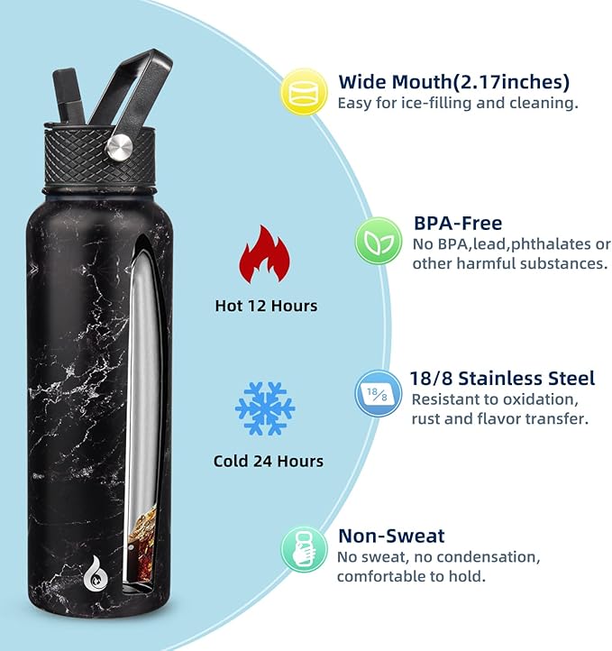 BJPKPK Insulated Water Bottles with Straw Lid, 40oz Stainless Steel Metal Water Bottle with 3 Lids, Reusable Thermo, Keep Cold Hot for Sports, Gym-Midnight