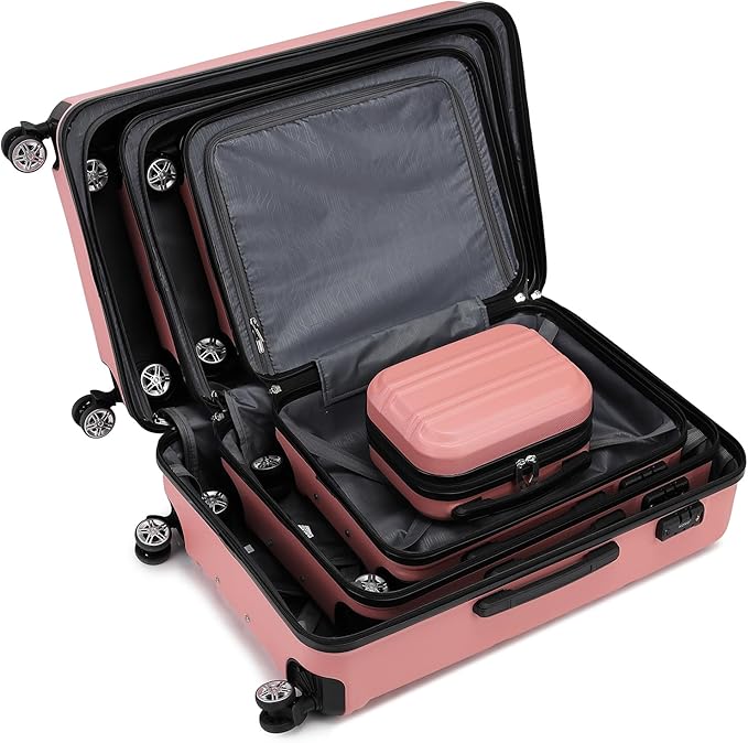 Kono 4 Piece Luggage Sets Expandable(only 28") with Spinner Wheels TSA Lock Lightweight PC+ABS Hardside Travel Rolling Suitcases 20in 24in 28in Carry on and 12in Mini Cosmetic Case Nude/Rose Pink