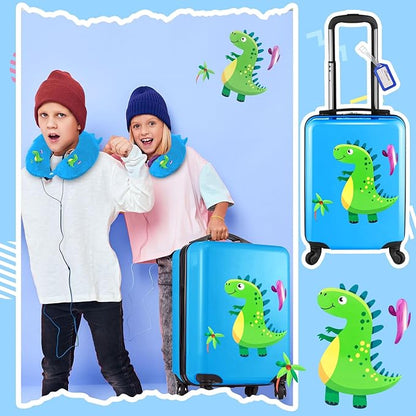 Sanwuta 4 Pcs Kids Luggage Set Backpack Travel Rolling Suitcase U-shape Pillow Christmas Children Gift for Girls Boys(17 Inch,Dinosaur Style,Blue)