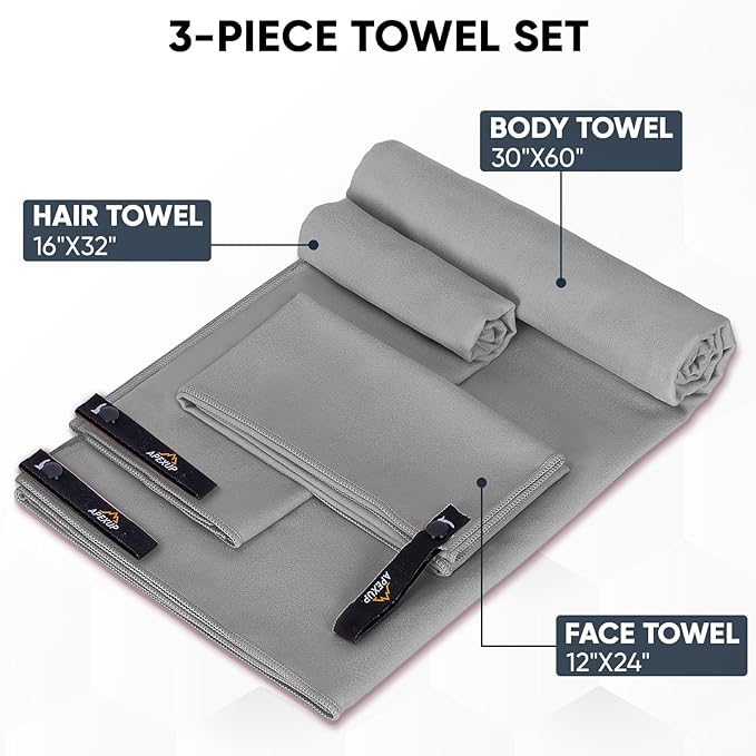 APEXUP Microfiber Travel Towel, Ultra Absorbent Quick Dry Towels, Lightweight Gym Sports Camping Towel for Workout, Yoga, Beach, Shower, Swimming (Combo, Gray)
