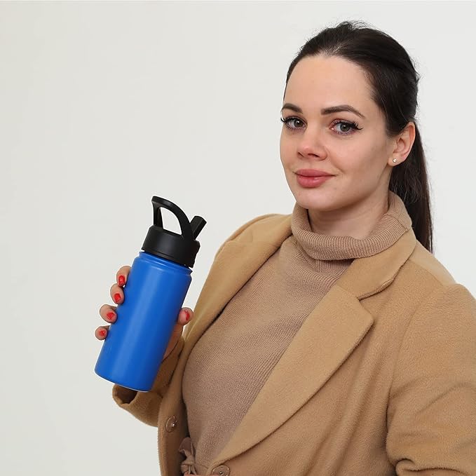 BJPKPK Insulated Water Bottles with Straw Lid, 18oz Stainless Steel Metal Water Bottle, Cold Hot Thermo with 3 Lids, Leak Proof BPA Free Travel Cup, Wide Mouth Flasks, Thermo-Turquoise