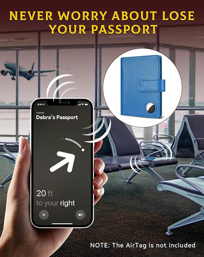 Passport Holder Wallet Cover Case for Women and Men,RFID Blocking,Passport Case with AirTag Holder,Travel Accessories (Blue)