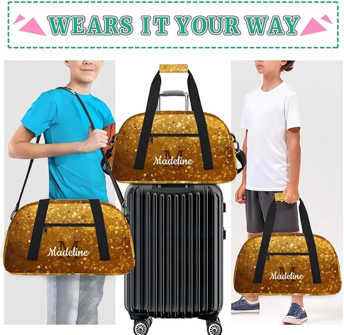 Personalized Kids Sports Duffel Bag with Name Custom Weekender Overnight Bag for Boys Girls Gym Bag Travel Dance Gymnastics Duffel Bag, Golden Glitter Gold Shiny
