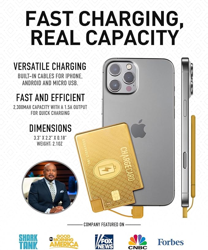AquaVault ChargeCard – Ultra Slim Emergency Power Bank (2300mAh) – Fits in Wallet – USB-C & Micro-USB – Durable Steel Body – Flight-Safe for iPhone 12-17 & Android - Gold