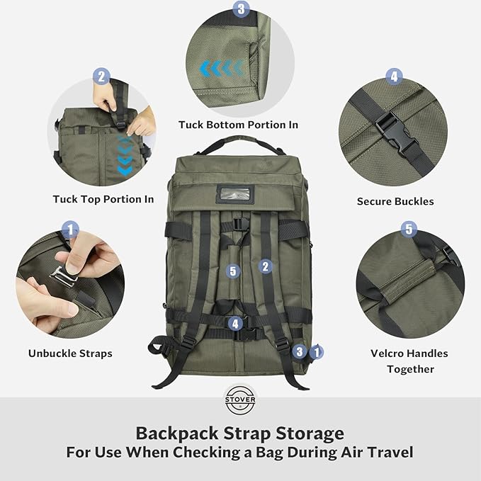 STOVER 45L Carry-On Rolling Duffel Bag with Wheels, Medium Durable Travel Duffle w/Toiletry Bag, Heavy-Duty, Packable, Foldable with Shoulder Straps- Use as Luggage or Backpack, Men/Women (Green)