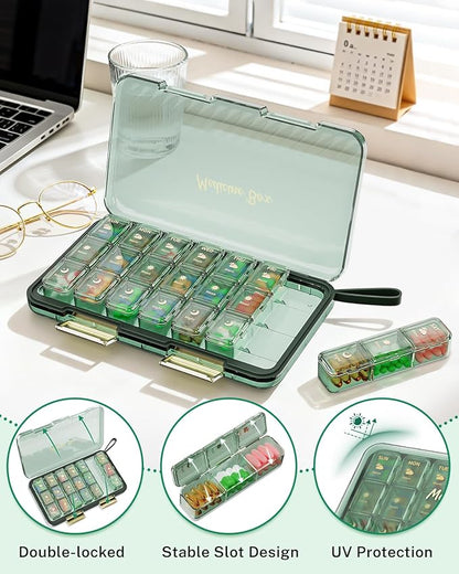 Weekly Pill Organizer 3x a Day - 7 Day Pill Box with 21 Compartments (Morning/Noon/Night), BPA-Free Daily Pill Case, Portable Medicine Organizer for Vitamins, Supplements & Medication【Upgrade】 (Green)