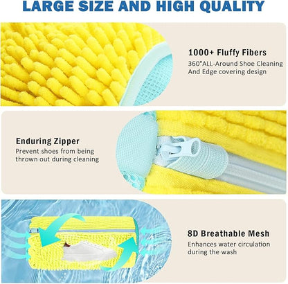Shoe Washing Machine Bag, 2Pcs Laundry Shoe Bags for Washer and Dryer, 360° Deep Clean, Reusable Cleaning Kit for All Shoe Sizes, Endurable Zipper Washing Bag for Sneaker Gym Shoes, Yellow