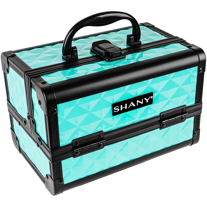 SHANY Chic Makeup Train Case Cosmetic Box Portable Makeup Case Cosmetics Beauty Organizer Jewelry storage with Locks, Multi trays Makeup Storage Box with Makeup Mirror - Turquoise