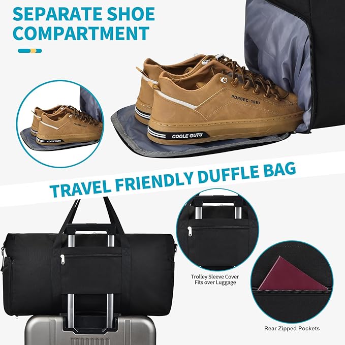 Felipe Varela 65L Duffle Bag with Shoes Compartment, Foldable Carry on Bag Travel Duffel Bags Overnight weekender Gym Bag with Wet Pocket for Women Men(Black)